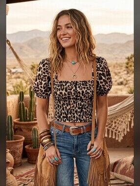 Monteau Los Angeles Womens Medium Animal Cheetah Leopard Print Boho Crop Top